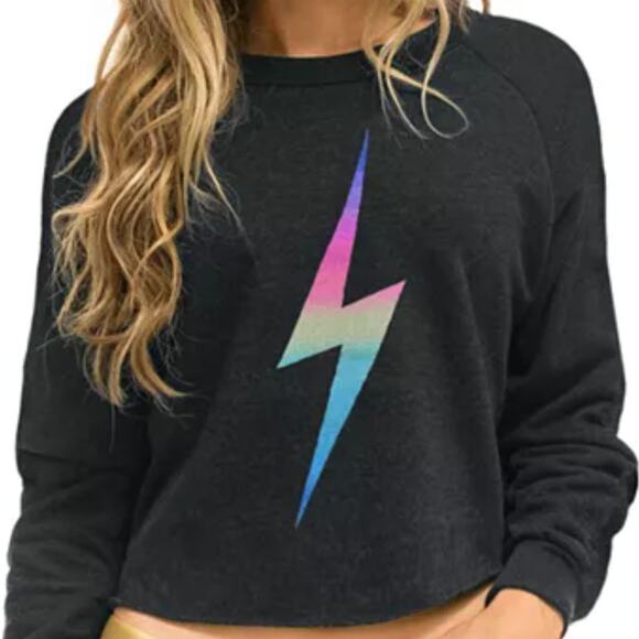 Aviator Nation Rainbow Bolt Cropped Dark Gray Boxy Crewneck Sweatshirt Size XS - Picture 1 of 10